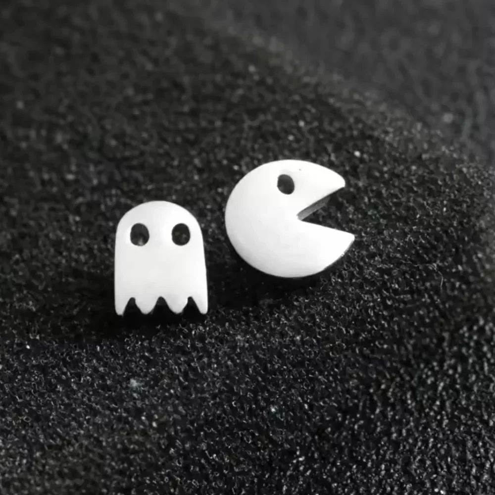 Silver Stainless Steel Pac Man Mismatch Earrings Set